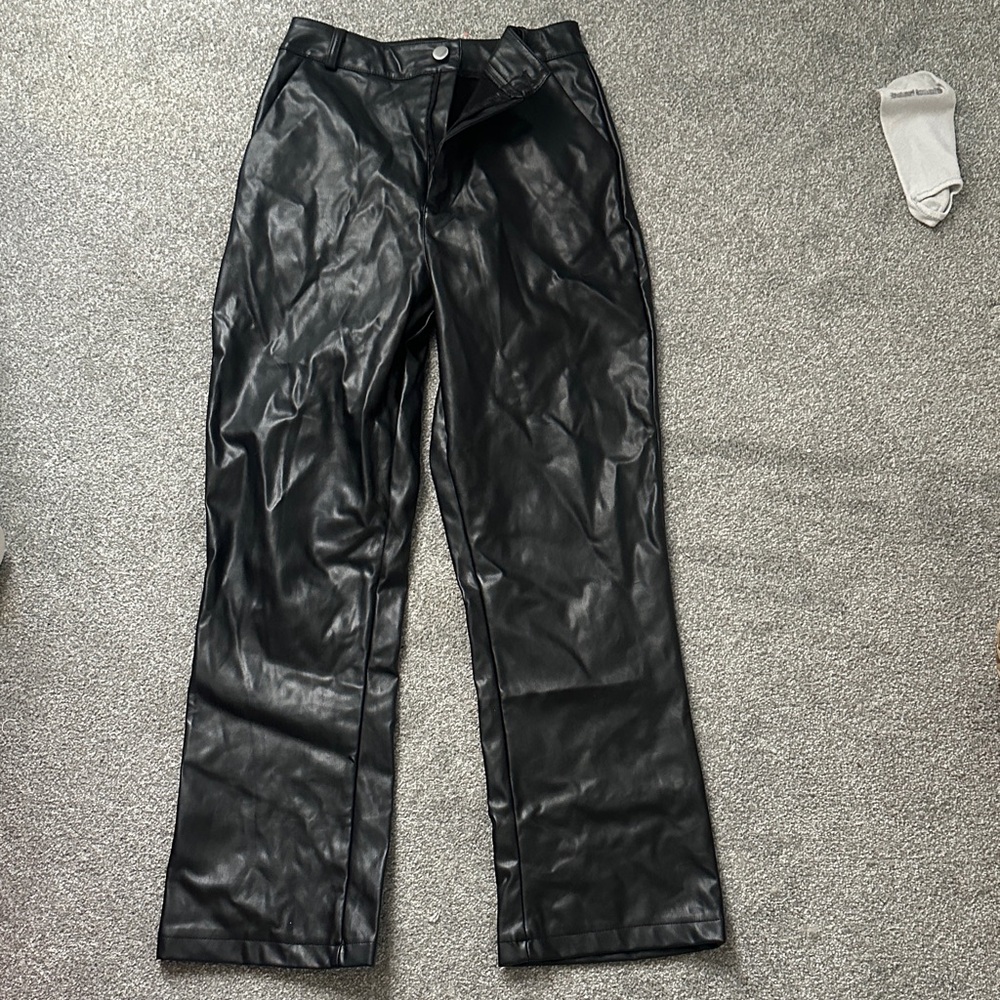 Black Faux Leather Straight-Leg Pants